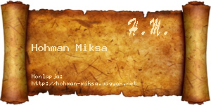 Hohman Miksa névjegykártya